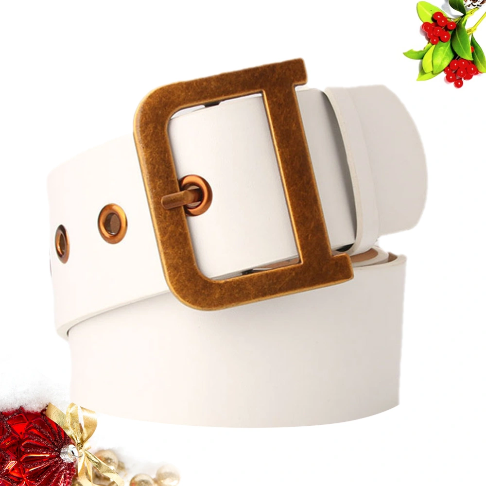 1Pc Ladies Belt Fashion Retro Golden D-shaped Buckle Wide Belt Dress Pants Belt Solid Waistband Girdle (White)