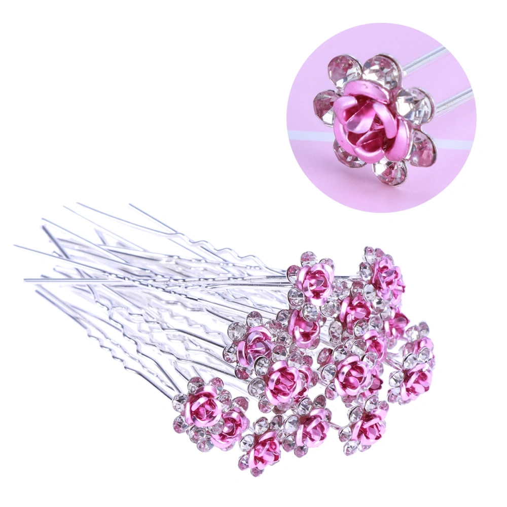 20PCS Hairpins U Shaped Rose Crystal Hair Clips Hair Accessories for Wedding Bridal - Pink