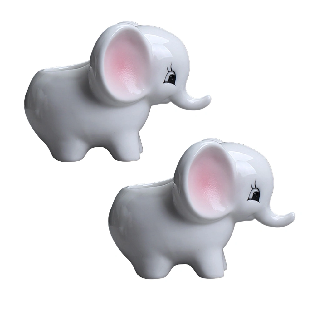 2 Pcs Cartoon Elephant Shaped Shape Flower Pot Ceramics Succulent Plant Pot Container Storage Basin Desktop Decor for Home Office - Size S (White + Pink)