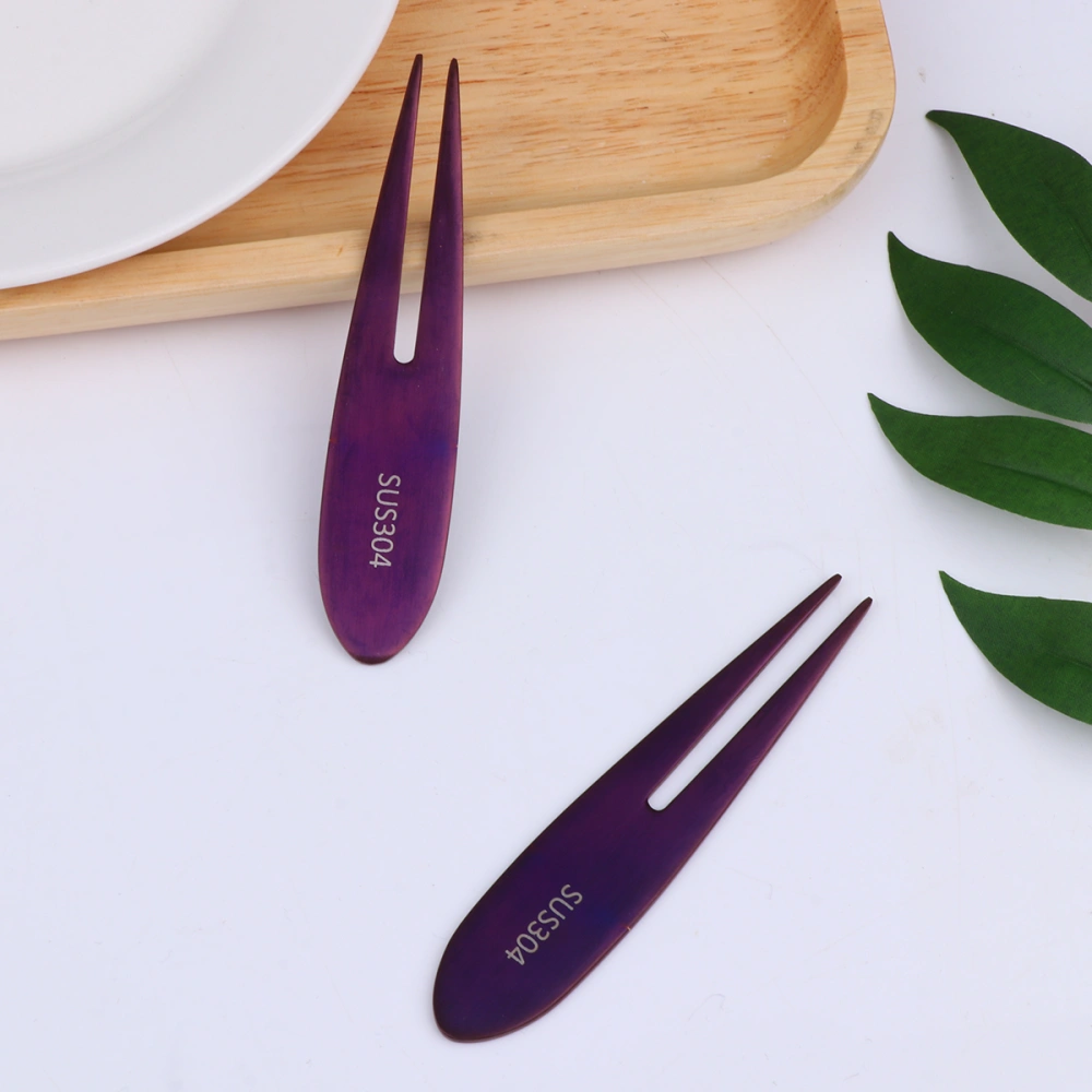 2PCS Stainless Steel Fruit Picks Two Prongs Dessert Fork Salad Forks Party Supplies for Hotel KTV Bar (Purple)