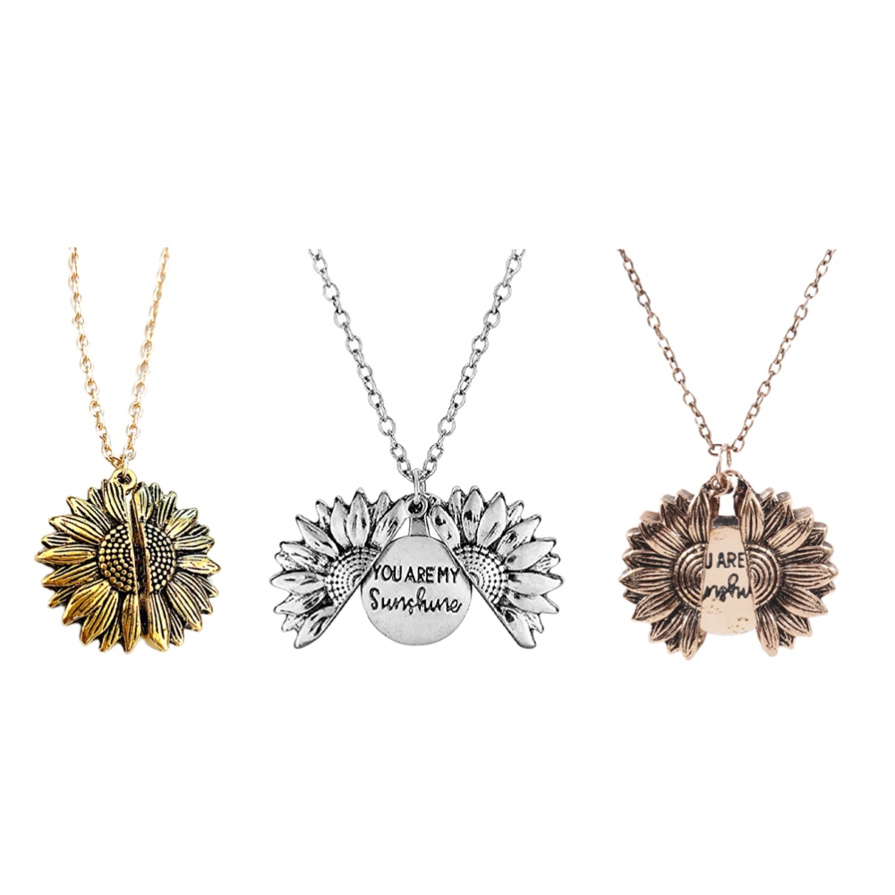 3PCS Alloy Sunflower Sweater Necklace You are My Sunshine Open Locket Pendant Chain Jewelry for Women Girls (Random Color)