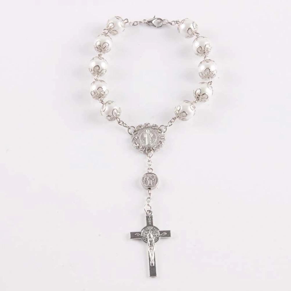 Christian Cross Bracelet Artificial Pearl Rosary Bracelet Jewelry for Women and Girls(Silvery)