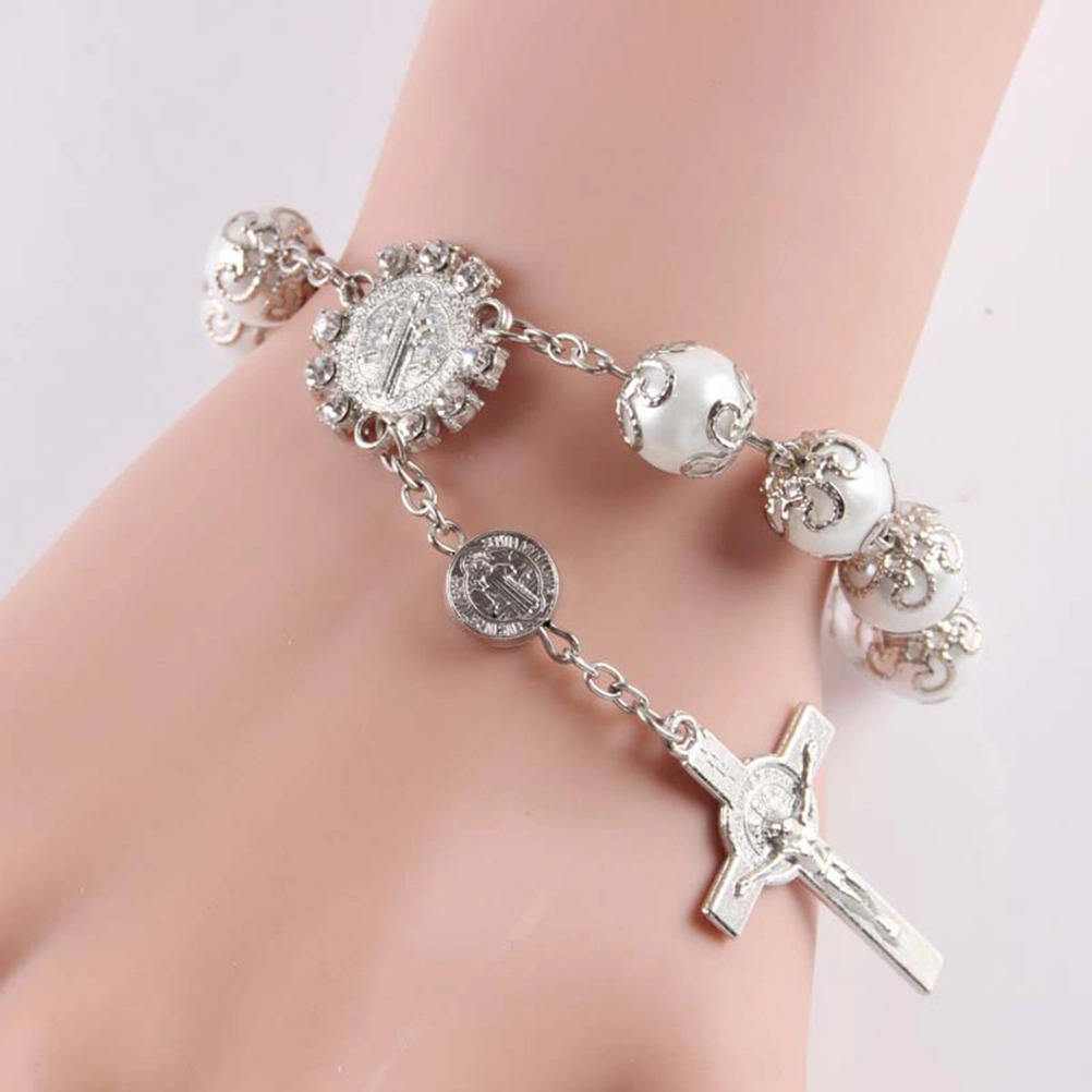 Christian Cross Bracelet Artificial Pearl Rosary Bracelet Jewelry for Women and Girls(Silvery)