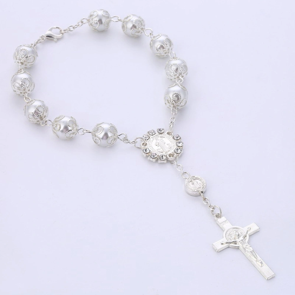 Christian Cross Bracelet Artificial Pearl Rosary Bracelet Jewelry for Women and Girls(Silvery)