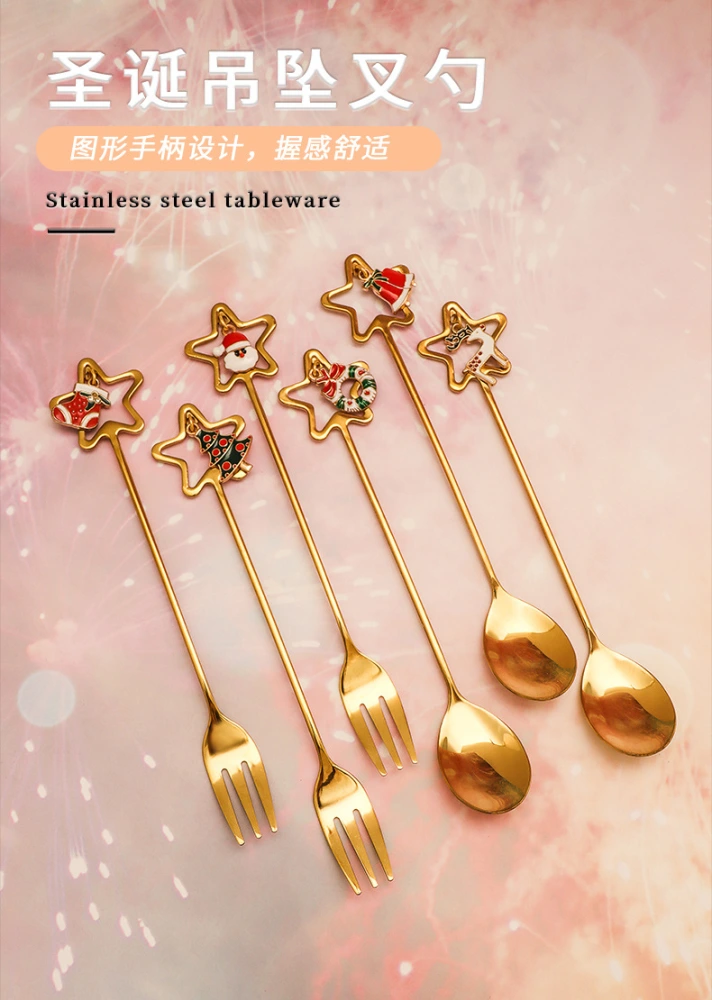 1 Set Christmas Spoons Forks Kit Stainless Steel Coffee Spoon Dessert Fork Christmas Tableware