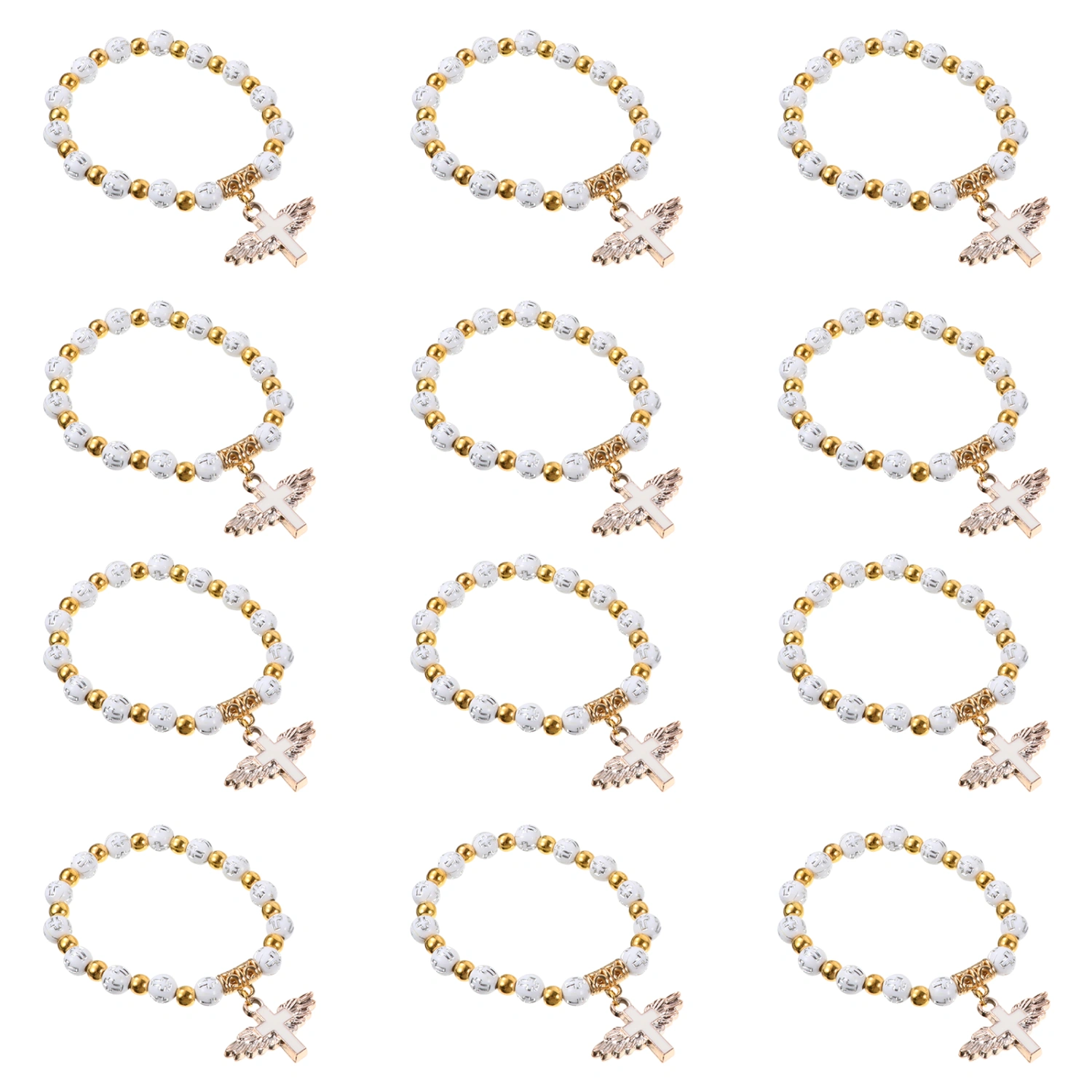 12pcs Children Baptism Bracelets Rosary Beads Crucifix Cross Hand Chains (White)