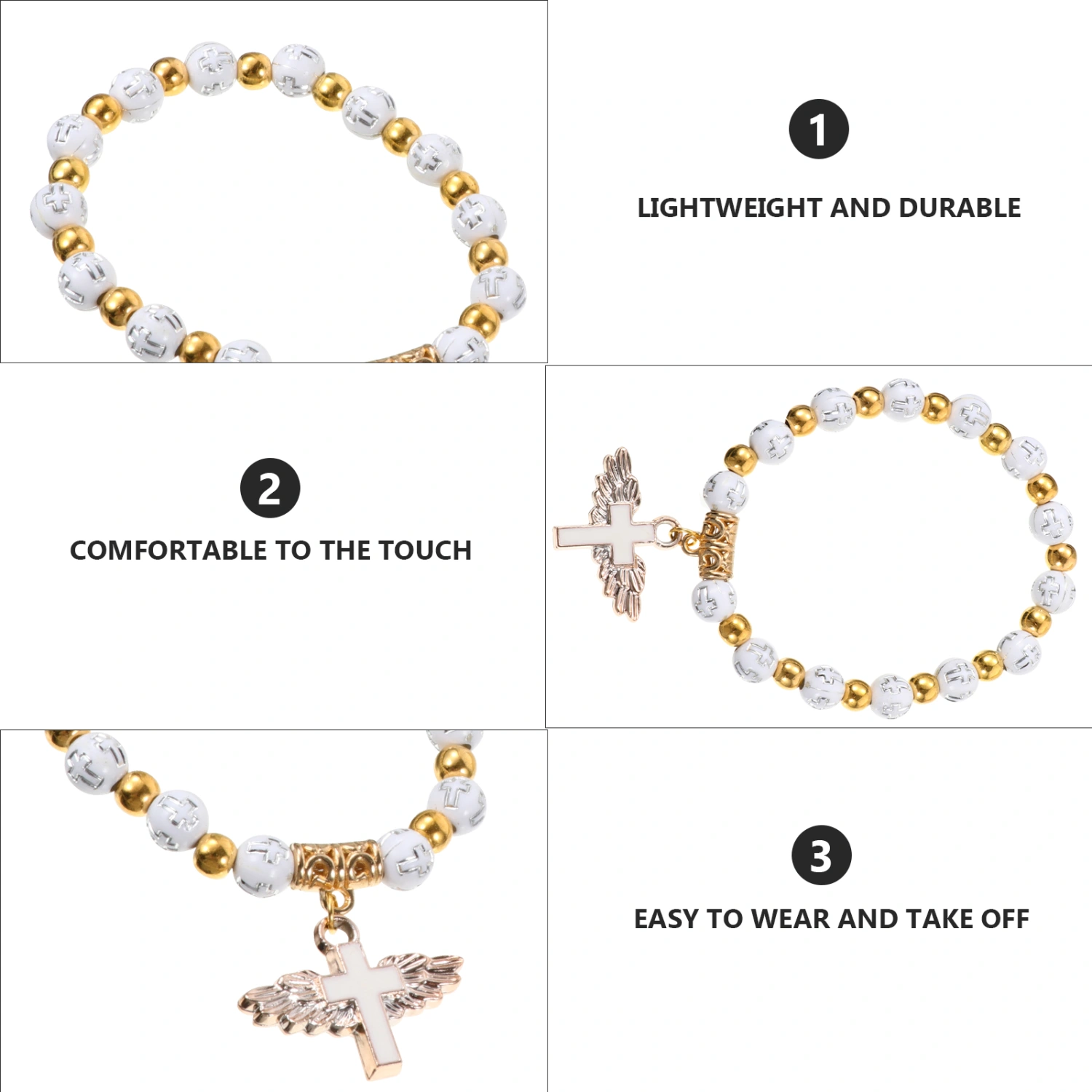 12pcs Children Baptism Bracelets Rosary Beads Crucifix Cross Hand Chains (White)