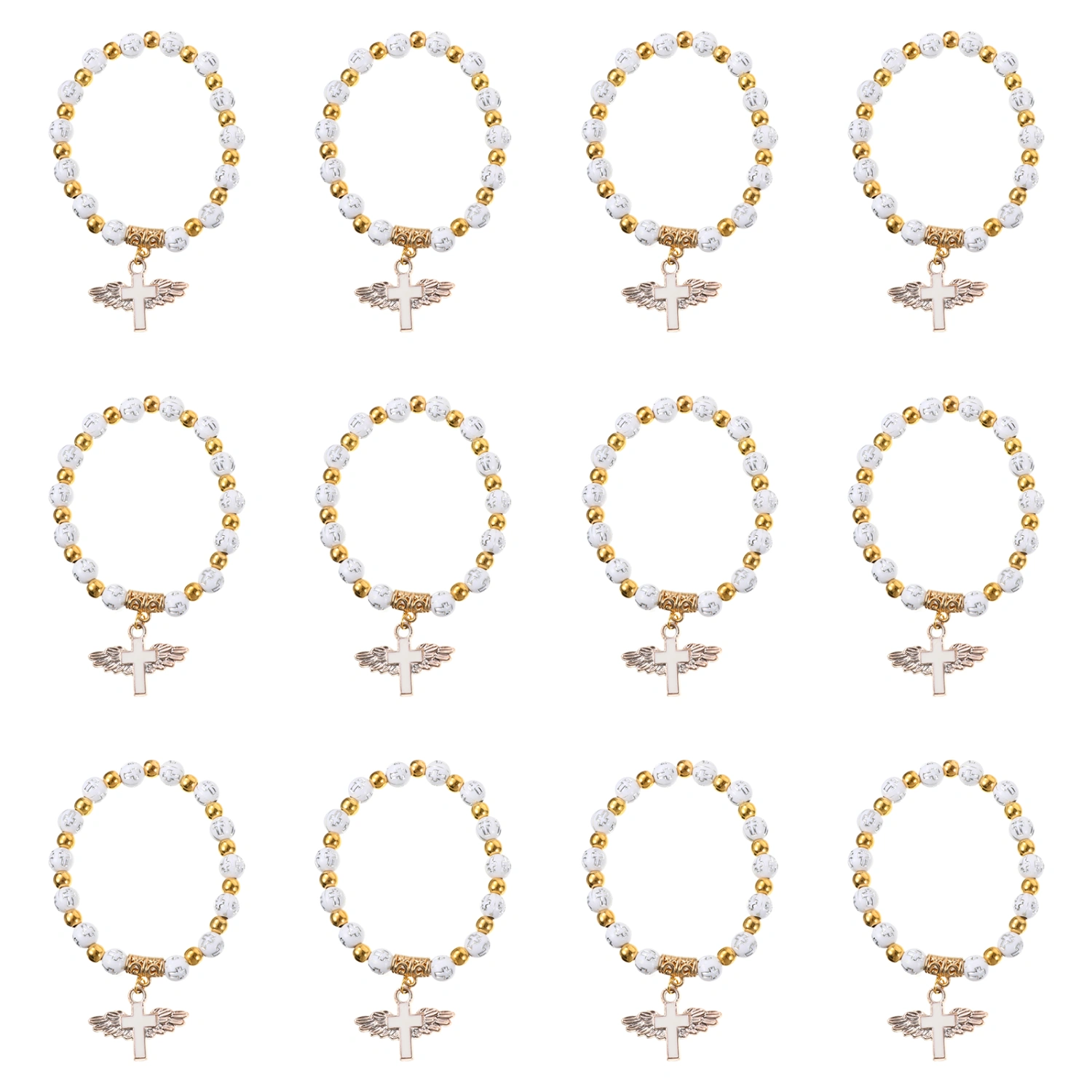 12pcs Children Baptism Bracelets Rosary Beads Crucifix Cross Hand Chains (White)
