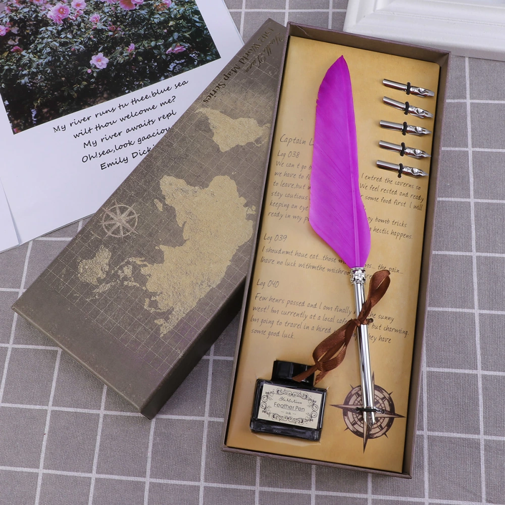 1 Set Retro Feather Pen Classic Beautiful Feather Decor Pen Gift with A Box of Ink for Office Store (Purple)