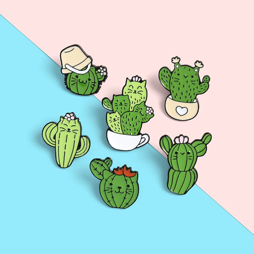 6Pcs Cartoon Cactus Oil Drop Brooch Lovely Cat Shaped Breastpin Mixed Style