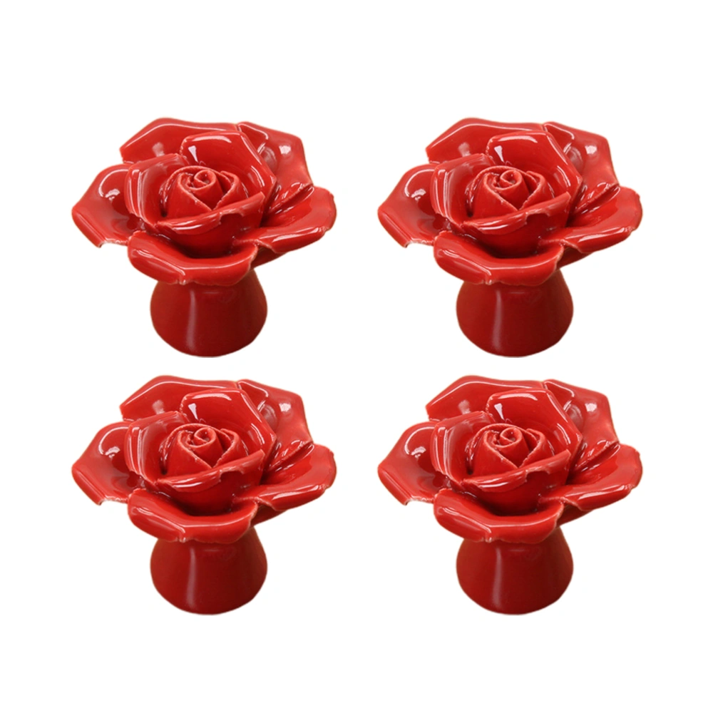 4Pcs Rose Flower Shape Pull Handle Ceramic Handle Modern Brief Drawer Knob Cabinet Wardrobe Handle Pink(Red)