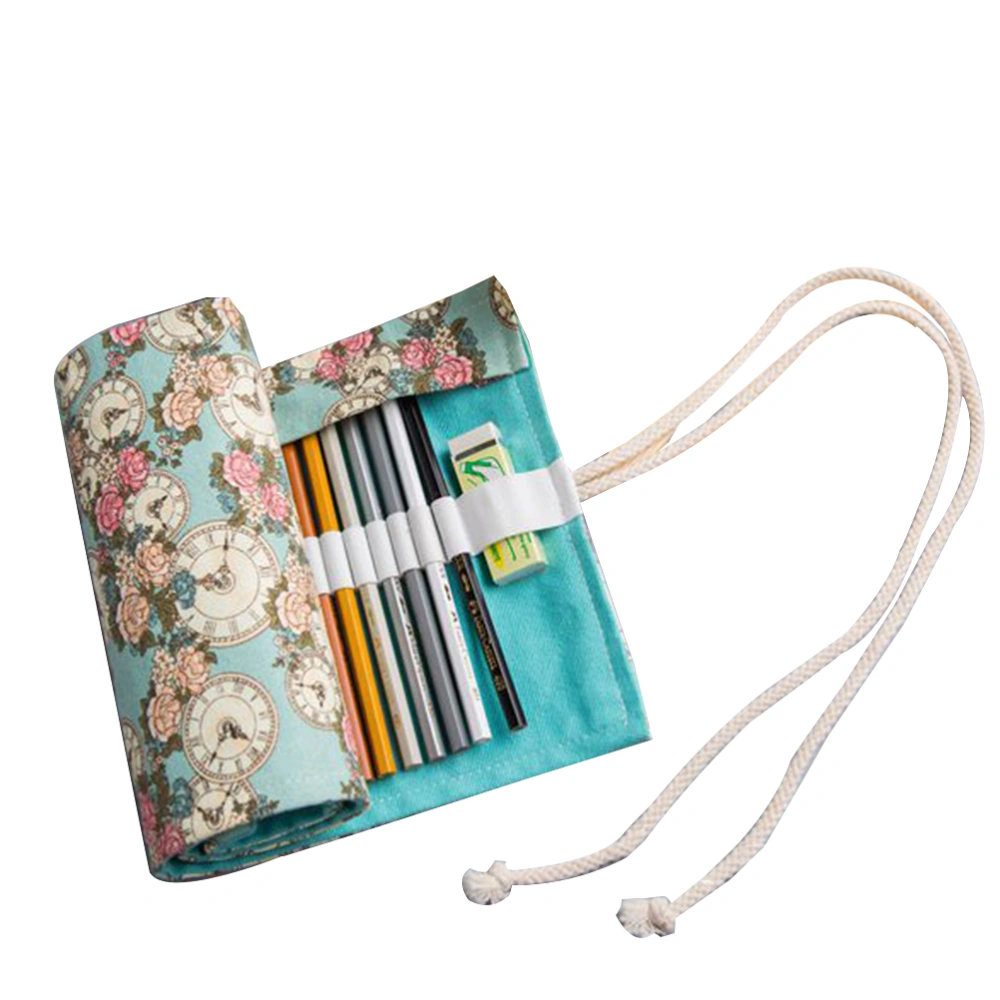 Clock Rose Pattern Canvas Portable Handmade Knitting Rolling Pencil Roll Wrap Holder Pouch Case Storage Organizer With 48 Slots