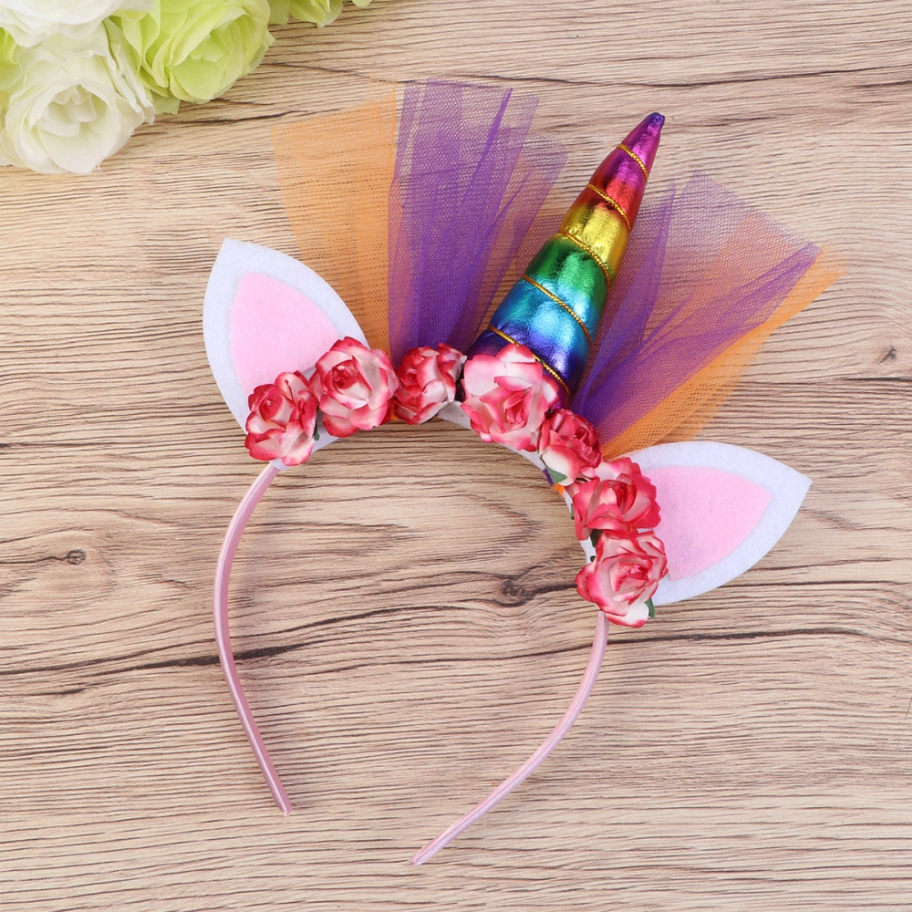 Children Unicorn Headband Hair Grenadine Headdress Headpiece for Party Decoration (Rainbow)