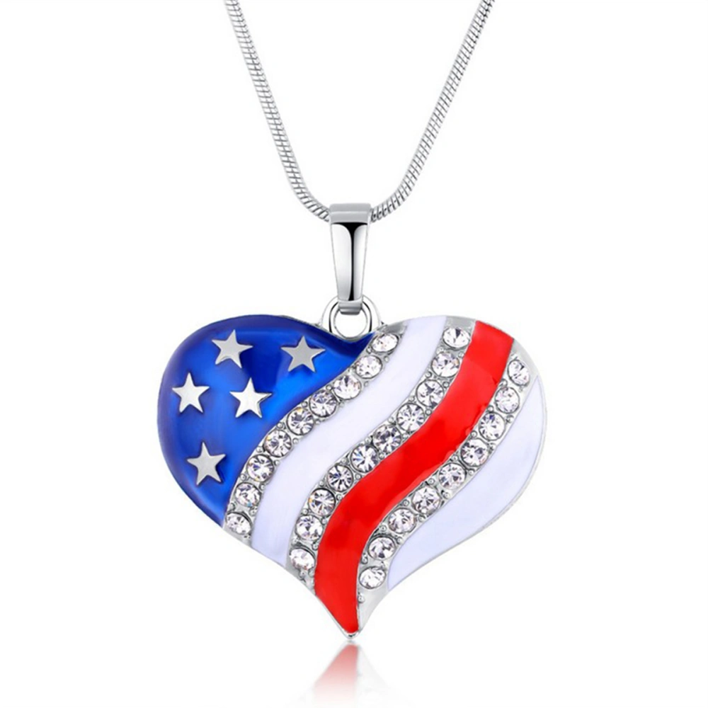 Patriotic Jewelry American Flag Red White Blue Heart Necklace Pendant Crystal Stars and Stripes