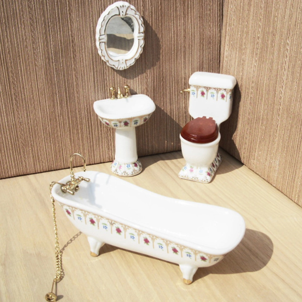 4pcs Mini House Ceramic Toilet Basin Bathtub Mirror Set Miniature Furniture Accessory