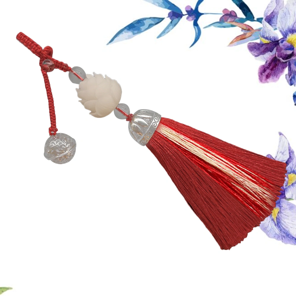 Chinese Style Long Tassel Pendant Phone Hanging Chain Lanyard Bodhi Lotus Beads Keychain (Red)