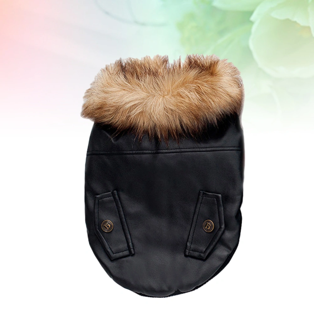 Autumn Winter Pet Costume Warm Fur Collar Leather Clothes for Puppy Dog Black Size M