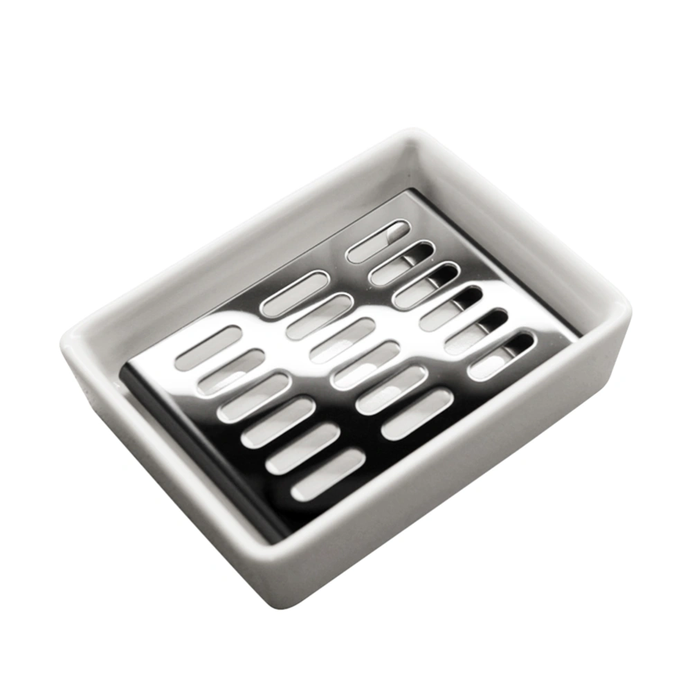 1PC Soap Dish Ceramic Stainless Steel Holder Double Layer Draining Soap Box (White Ceramic and Black Stainless Steel)