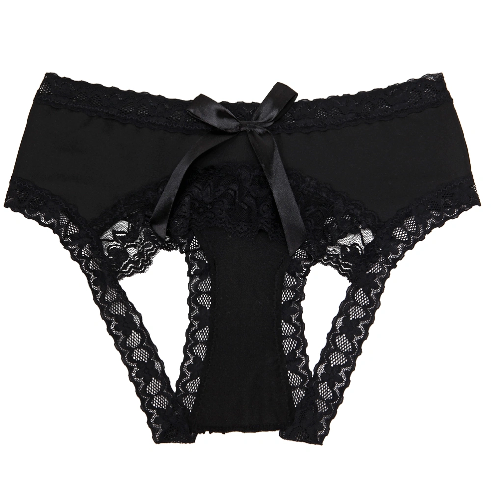 Women's Lace Lingerie Sexy Shorties Underwear Open Crotch Thongs Briefs - Size S (Black)