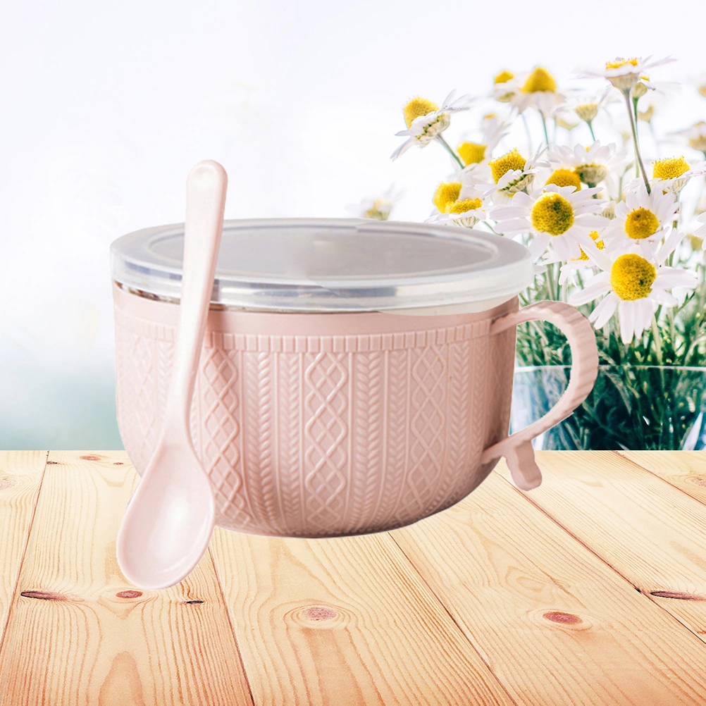 1pc Double Tiers Lunch Box Stainless Steel Inner Thermal Insulated Food Storage Boxes with Handle and Spoon (Pink)