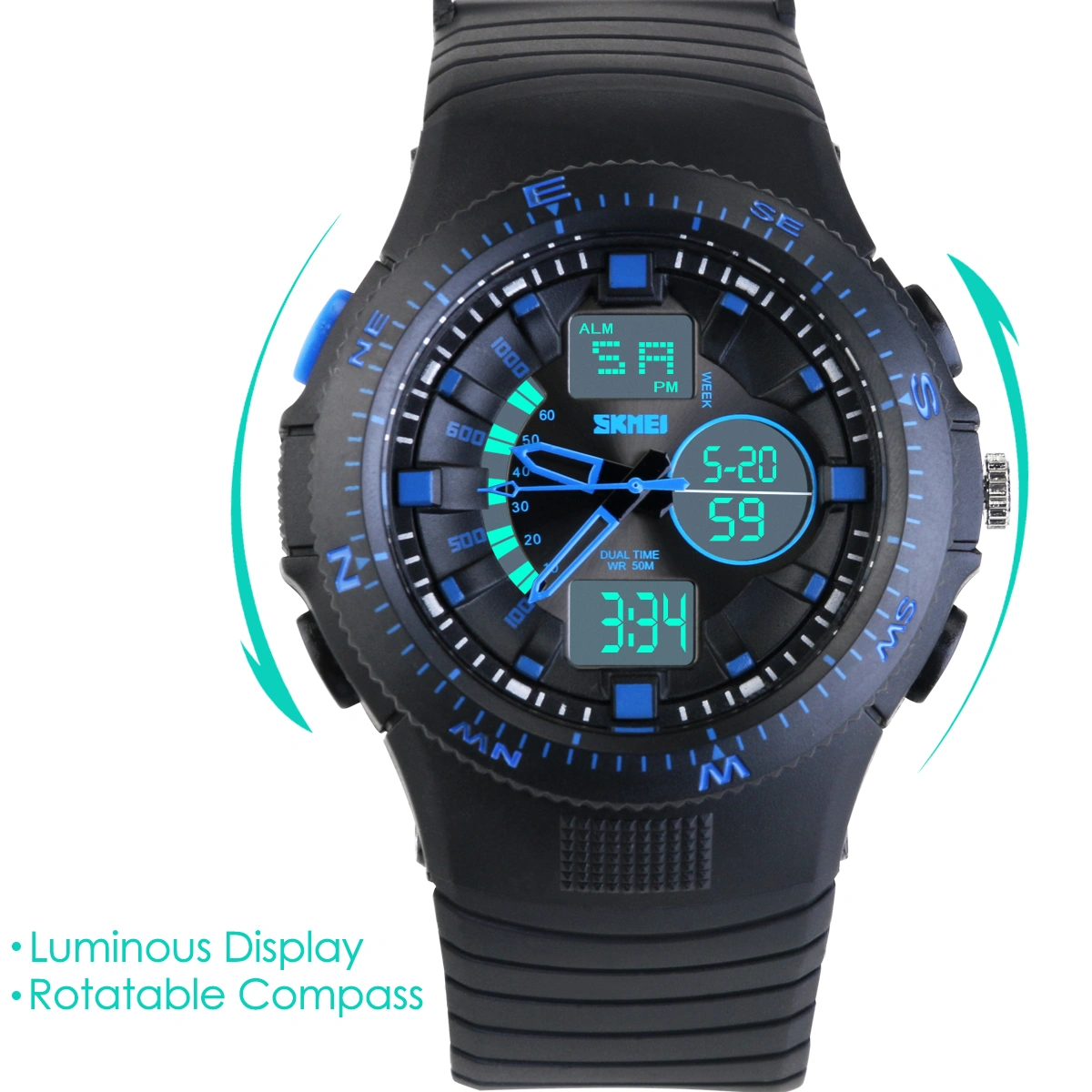 Multifunctional Dual Display Watches for Men Waterproof Sports Watch (Blue)