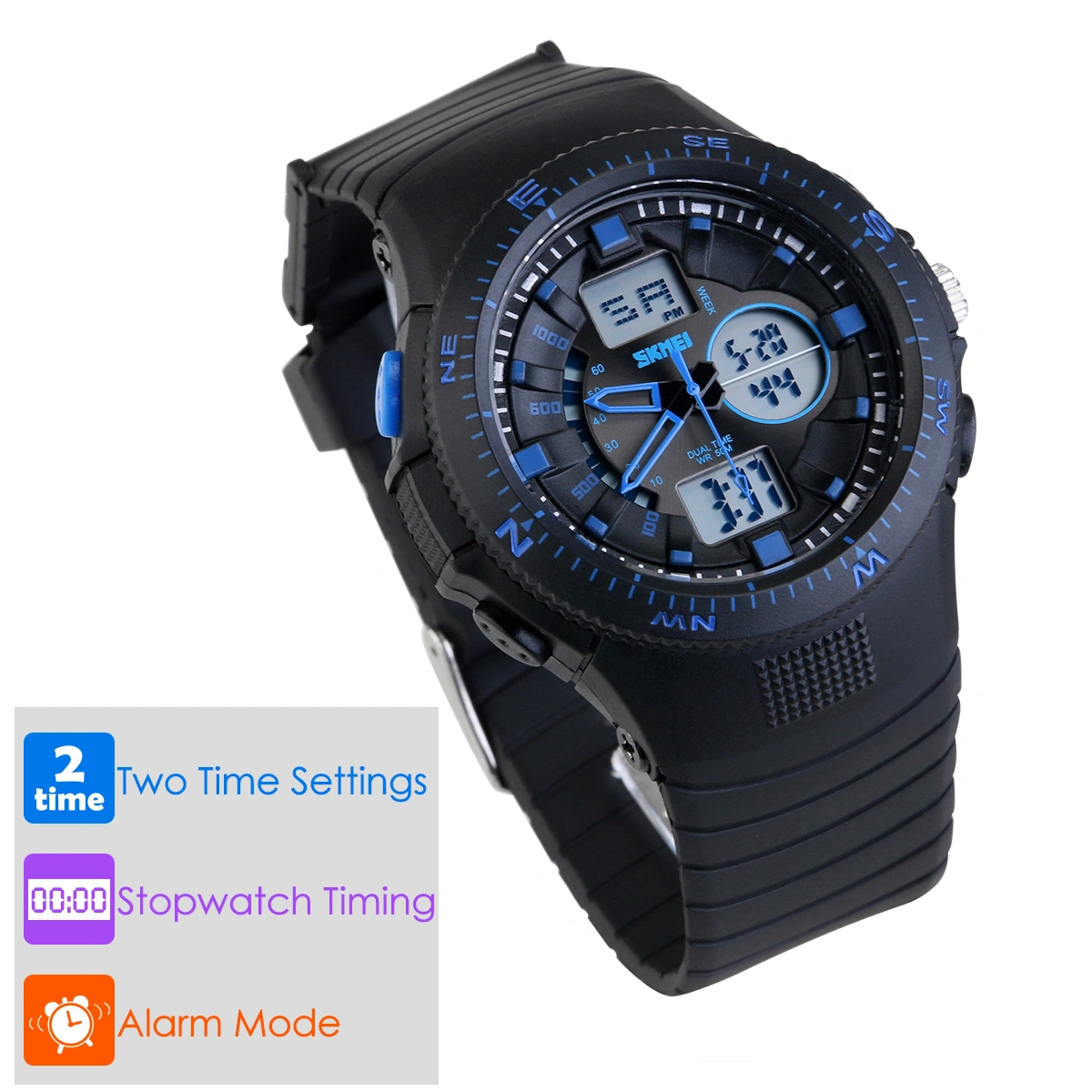 Multifunctional Dual Display Watches for Men Waterproof Sports Watch (Blue)