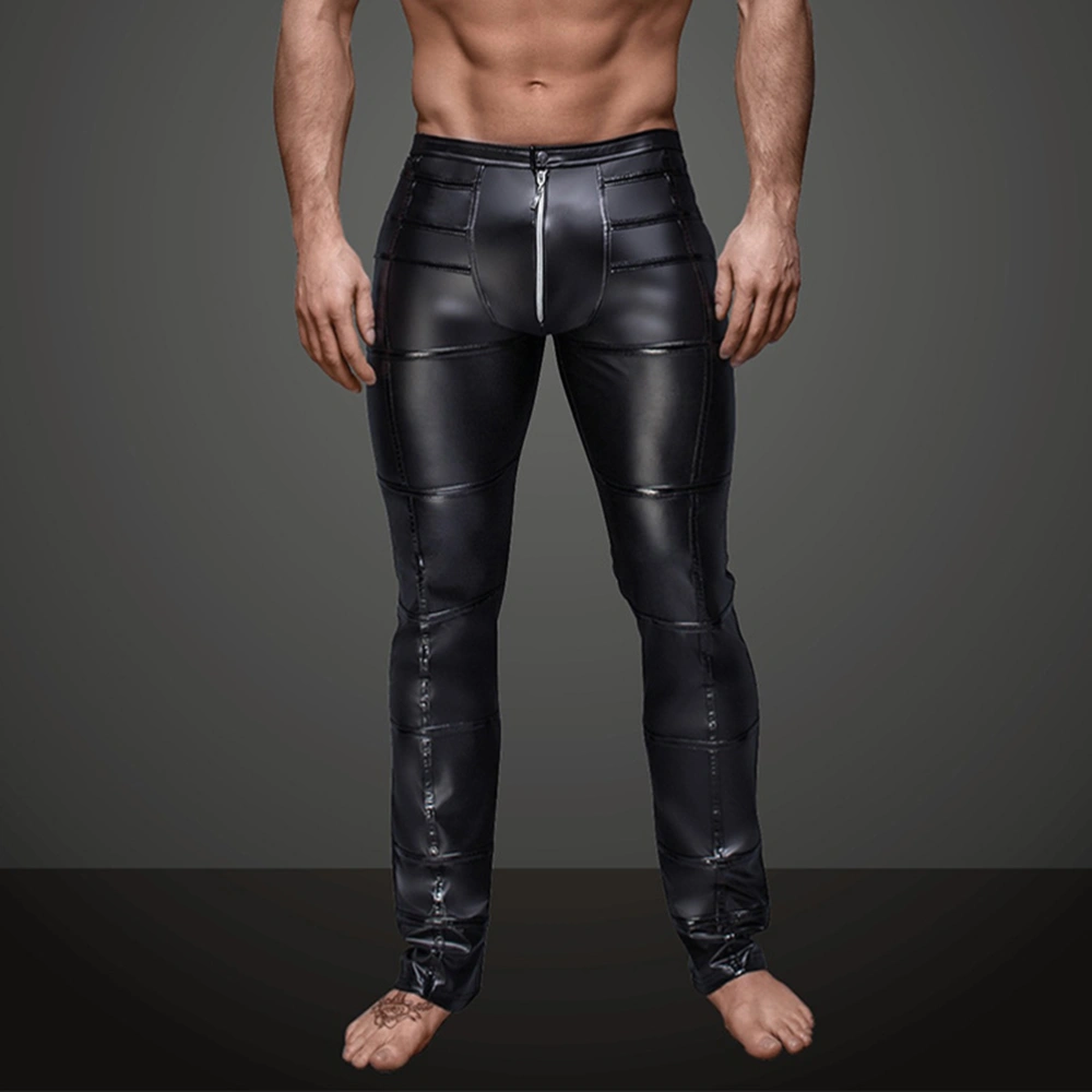 Men's Fashion Leather Look Long Pants Zipper Pouch Trousers Nigth Club Underwear - Size XL (Black)