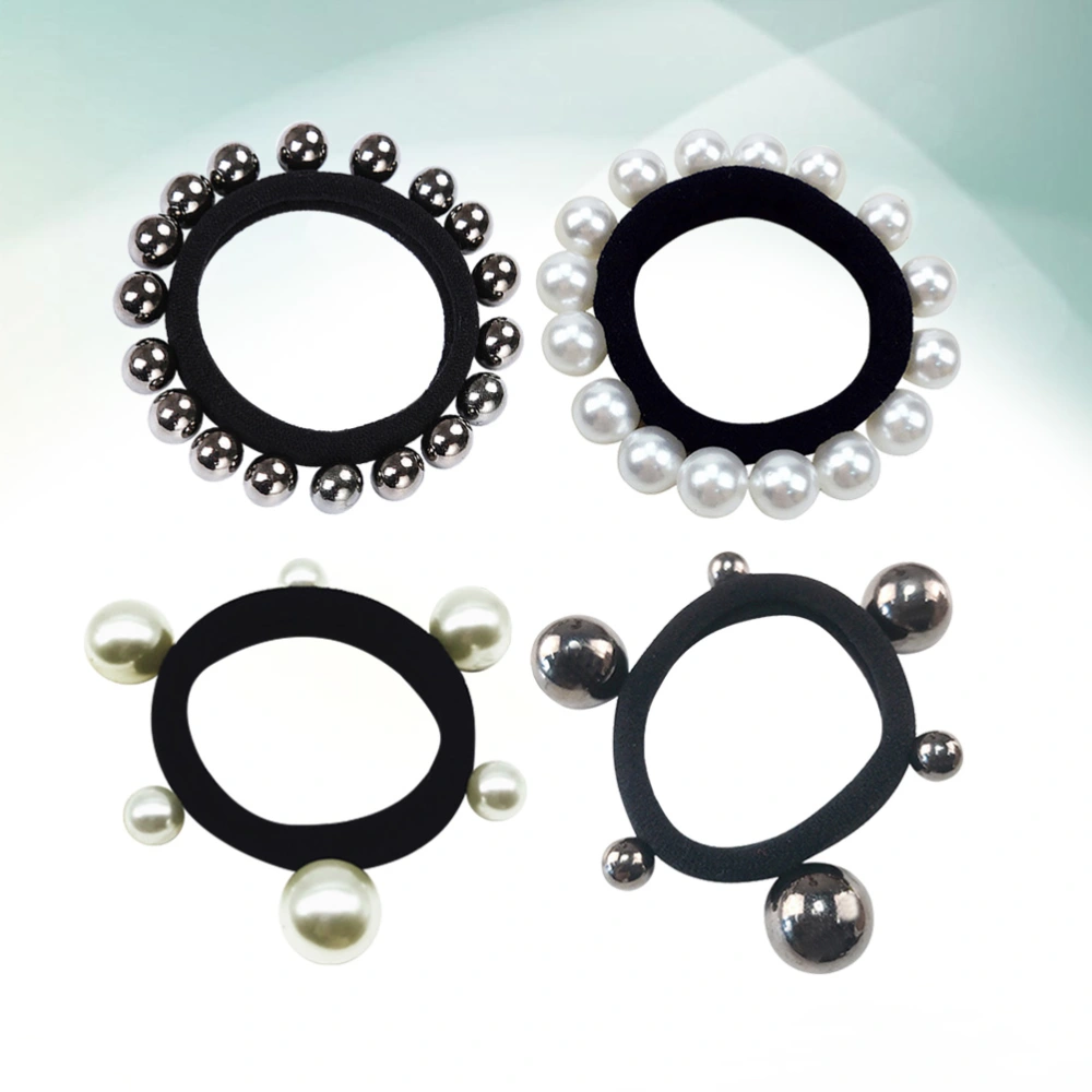 8pcs Women Big and Small Artificial Pearl Hair Band Hair Tie Ponytail Holders(2pcs Three Big and Three Small Towel Hair Band White + 2pcs Three Big and Three Small Towel Hair Band Black+ 2pcs Full Circle Pearl White+ 2pcs Full Circle Band)