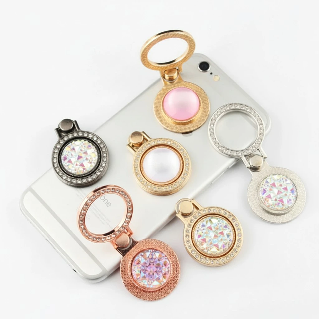Universal Adjustable 360 Degree Rotation Phone Metal Ring Holder Gemstone Buckle Ring Bracket Finger Grip Phone Stand Holder (White Gem)