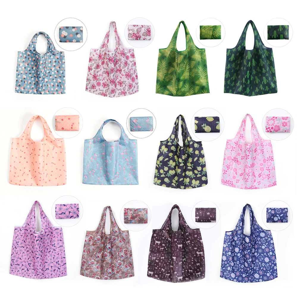 1 Pc Eco-friendly Bag Polyester 2-in-1 Foldable Shopping Bag Reusable Machine Washable Shoulder Storage Bag - Blue Flamingo (As Shown)