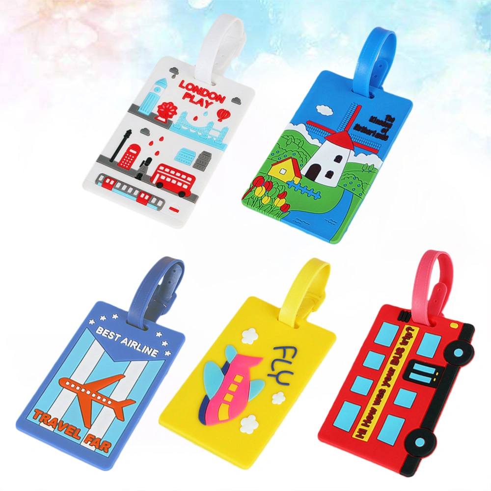 5 Pcs PVC Illustration Pattern Travel Luggage Bag Tag Creative ID Labels Tag Leather Case Name Holder with Paper Rope for Case Luggage Suitcase Backpacks