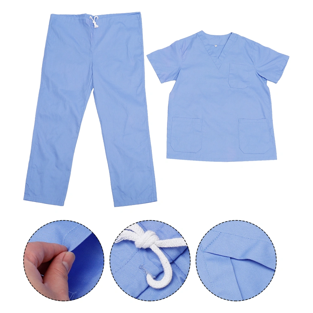 1 Set Sky Blue Hospital Nursing Uniform Cotton Working Clothes Short Sleeve Labour Suit Two-Pieces V-neck Costume- Size M