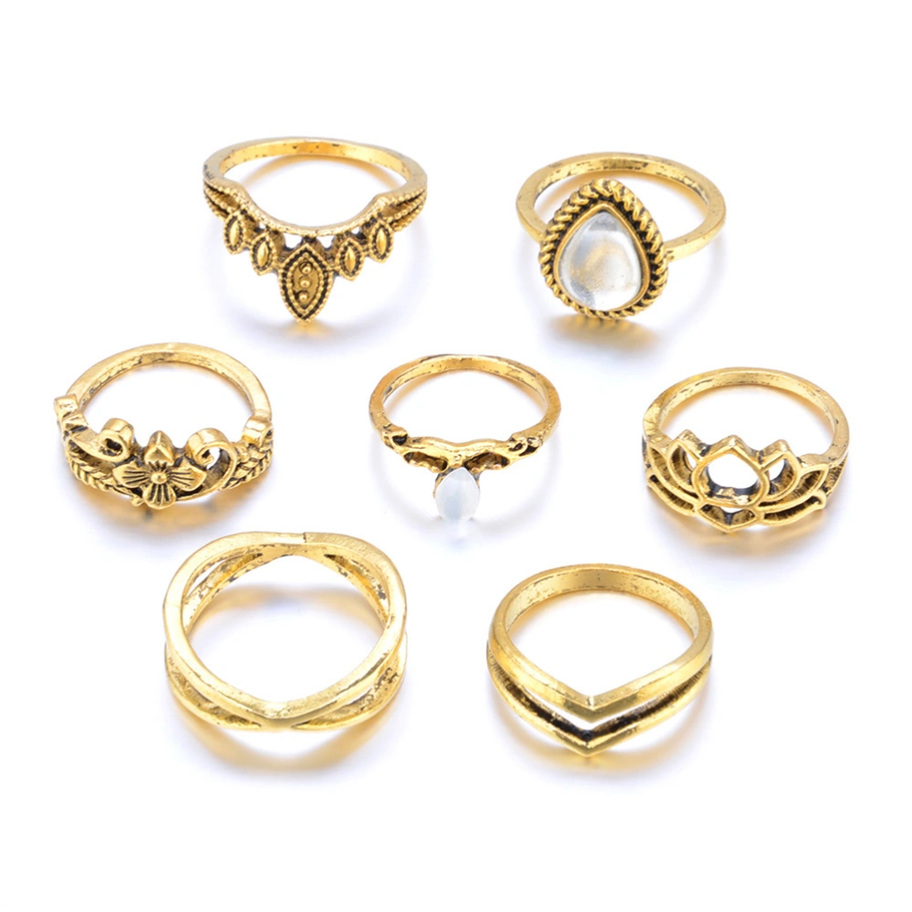 7PCS Vintage Ring Set Hollow-out Carving Ring Engagement Couple Ring Fashion Jewelry for Women and Girls (Ancient Gold)