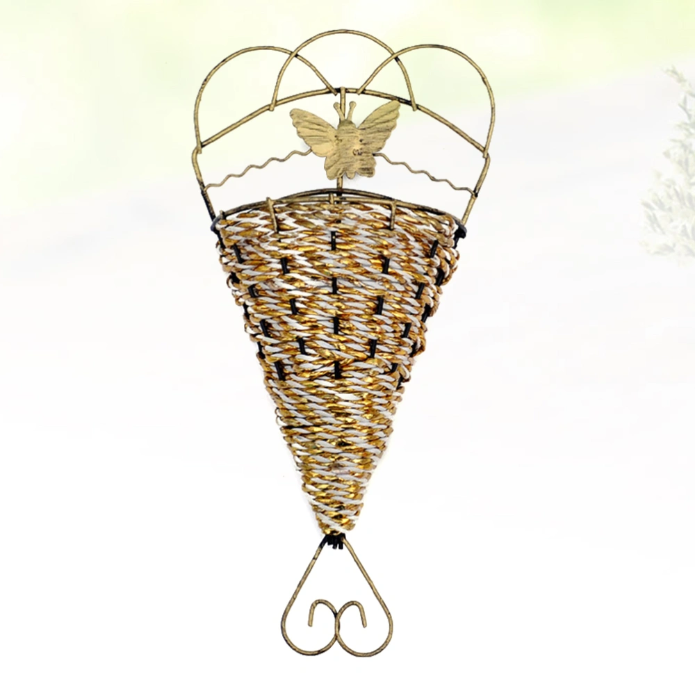 Fan Shape Iron Woven Flower Basket Wall Mounted Flower Holder Hanging Flower Container (Golden)