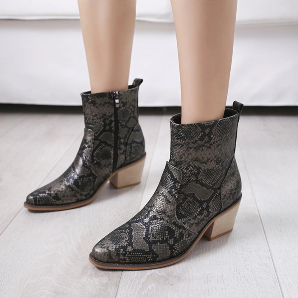 1 Pair Snakeskin Grain Short Boots Chunky Heels Ankle Boots Sexy Women Boots Fashionable Women Ankle Boots Personality Short Boots for Women Wearing Black Size 37