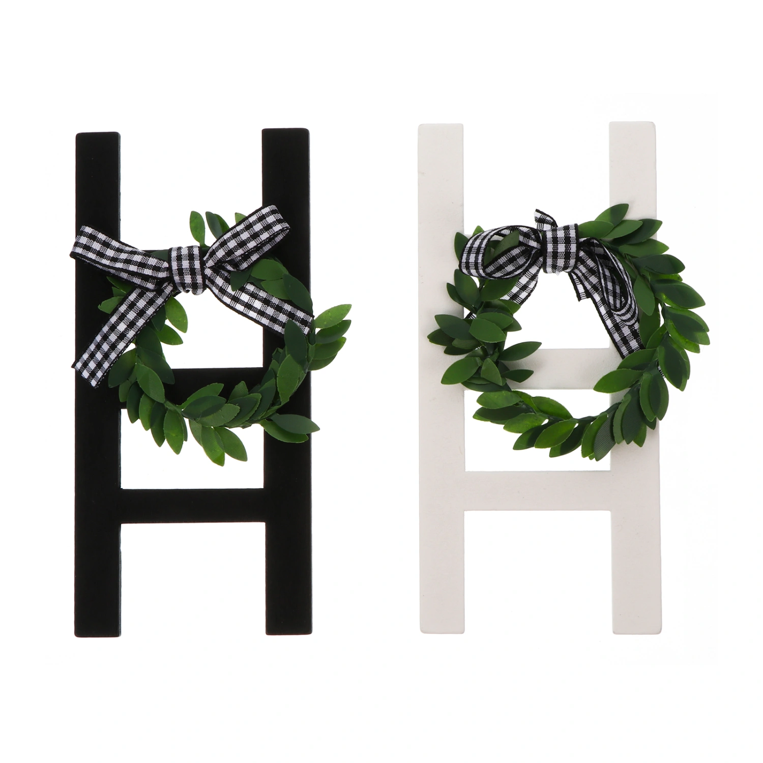 2PCS Farmhouse Ladder Decor Vintage Wooden Ladder with Wreath Adornment