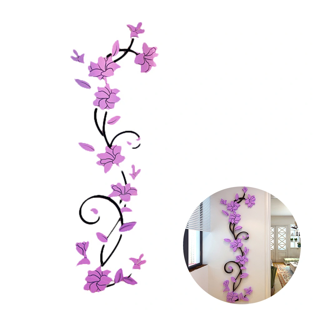 Removable 3D Rose Flower Rattan Wall Stickers Living Room TV Background Wall Decals Mural Home Decor (Light Purple Flowers)