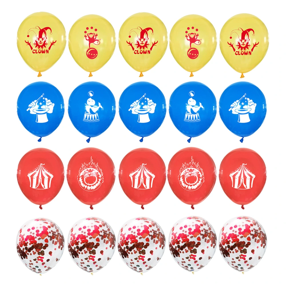 40pcs 12 Inches Festival Circus Theme Balloons Set Animal Clown Design Latex Balloons Printing and Red Confetti Balloons Carnival Festival Supplies Ornaments (Red, Blue and Yellow Printing and Red Confetti Balloons, 10pcs for Each Color)