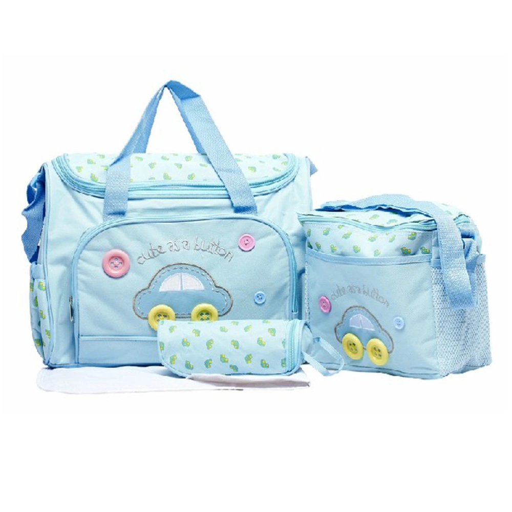 4-in-1 Multi-function Car Pattern Large Capacity Baby Diaper Nappy Changing Pad Travel Mummy Bag Tote Handbag Set (Sky-blue)