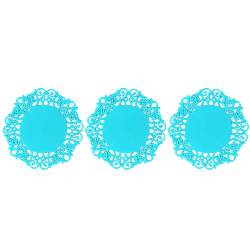 3 Pcs Colorful Lace Flower Hollow Design Round Silicone Table Heat Resistant Mat Cup Coffee Coaster Cushion Placemat Pad (Blue)