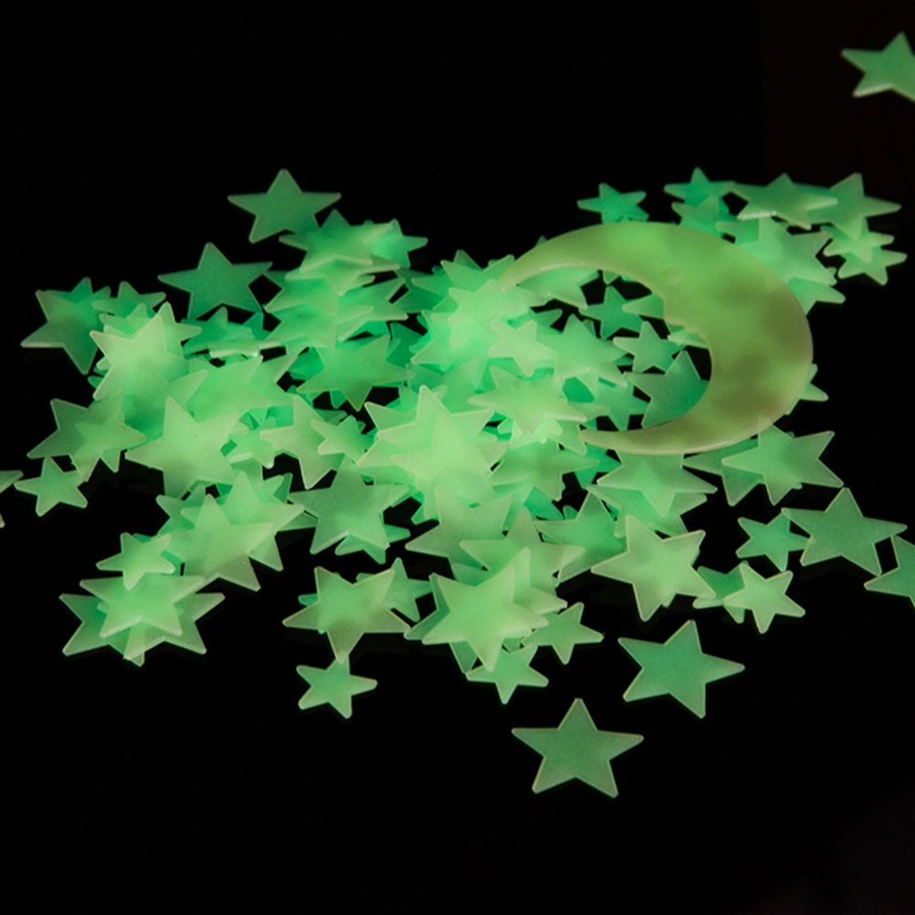 1 Set of 201Pcs 3D Luminous Star Moon Stickers Small Fluorescent Star Moon Wall Decal for Home Office Decor Green Yellow (100Pcs 2cm Star 100Pcs 3cm Star 1Pc 8cm Moon)
