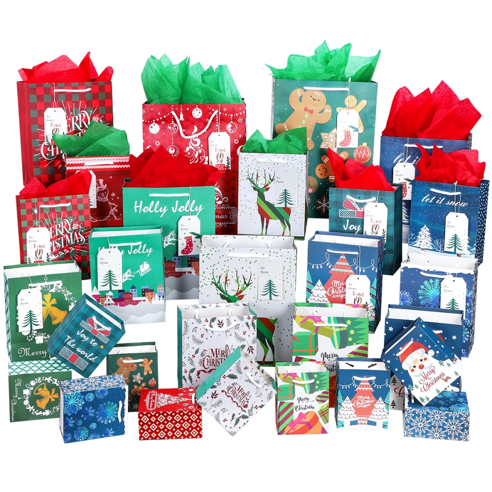 UNOMOR 28PCS Christmas Gift Bags Treat Bags Gift Wrapping Bags Candy Party Favor Goody Bags Christmas Party Supplies with 28PCS Gift Tags and 28 Sheets Tissue Paper