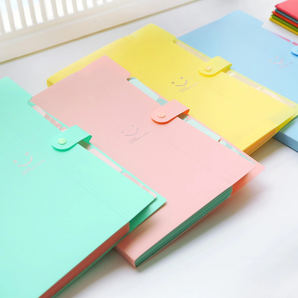 5 Pockets Plastic Expanding File Folders A4 Letter Size Snap Closure Accordion Folder Paper Document Organizer Set (Yellow with Random Smile Face)
