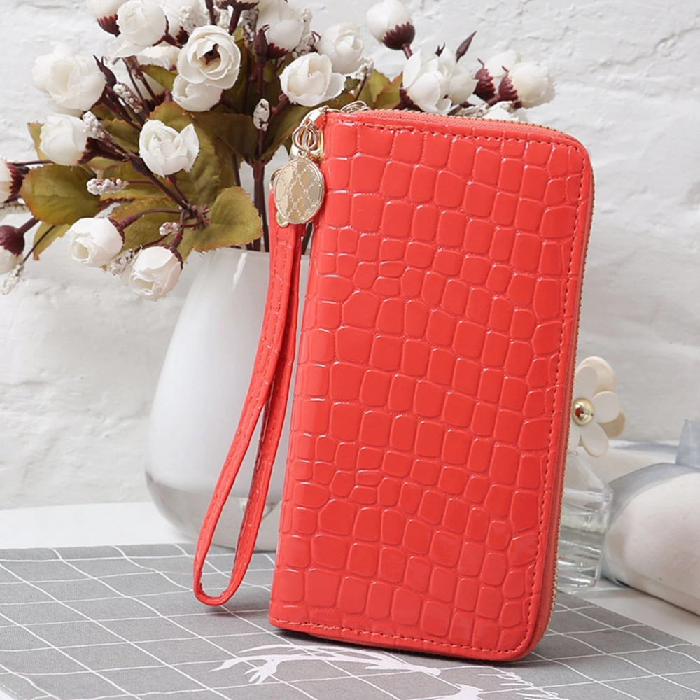 Portable Wallets PU Leather Long Zipper Wallet Patent Leather Cash Purse(Watermelon Red)