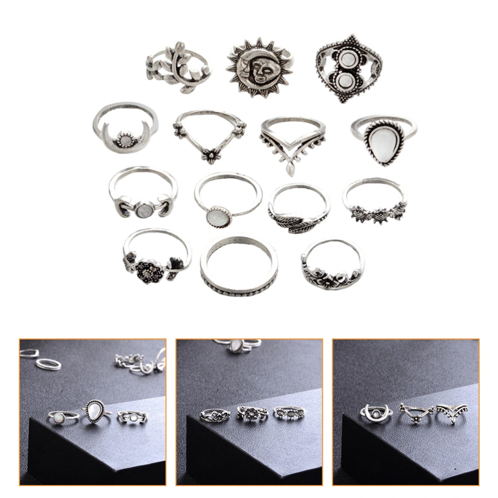 1 Set 14Pcs Hollow Rhinestone Rings Set Sunflower Moon Water Drop Rings (Silver)