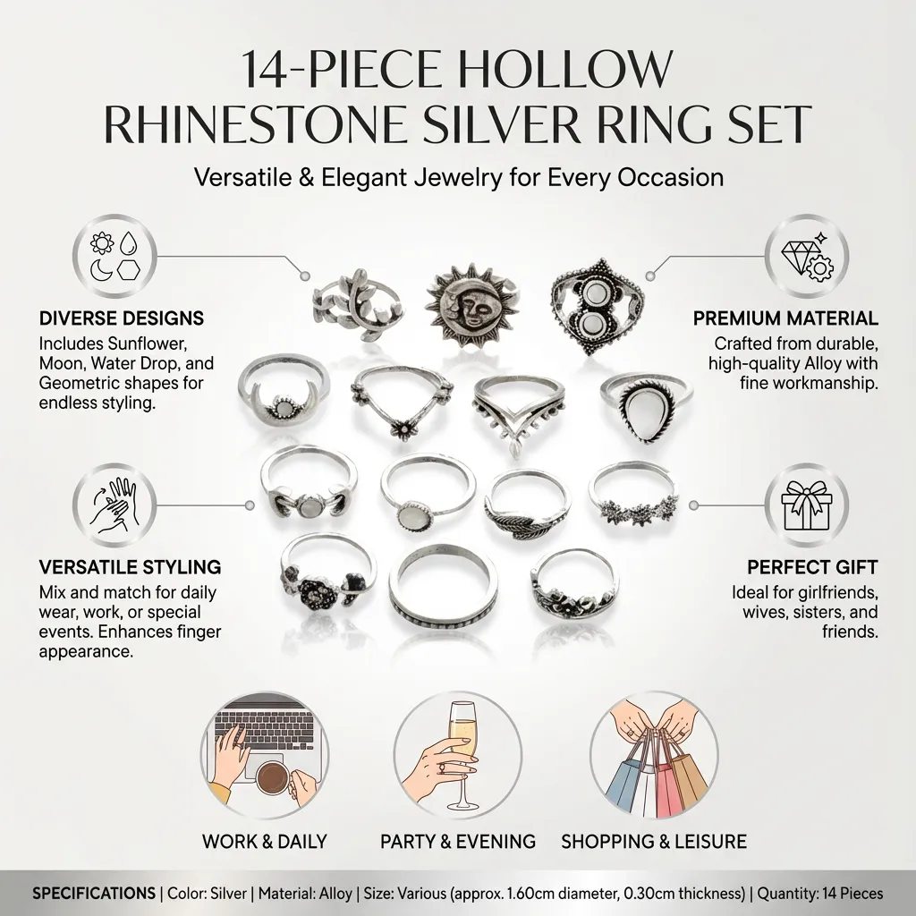 1 Set 14Pcs Hollow Rhinestone Rings Set Sunflower Moon Water Drop Rings (Silver)