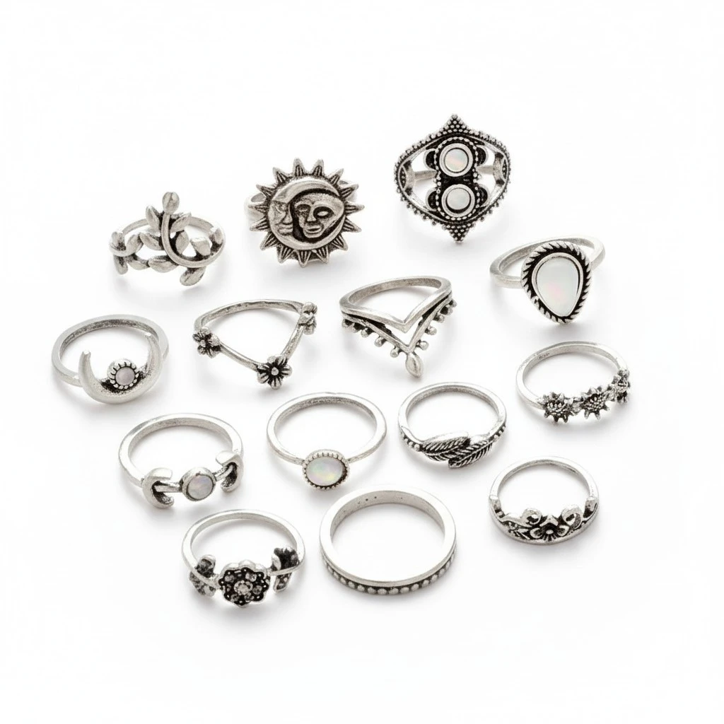 1 Set 14Pcs Hollow Rhinestone Rings Set Sunflower Moon Water Drop Rings (Silver)