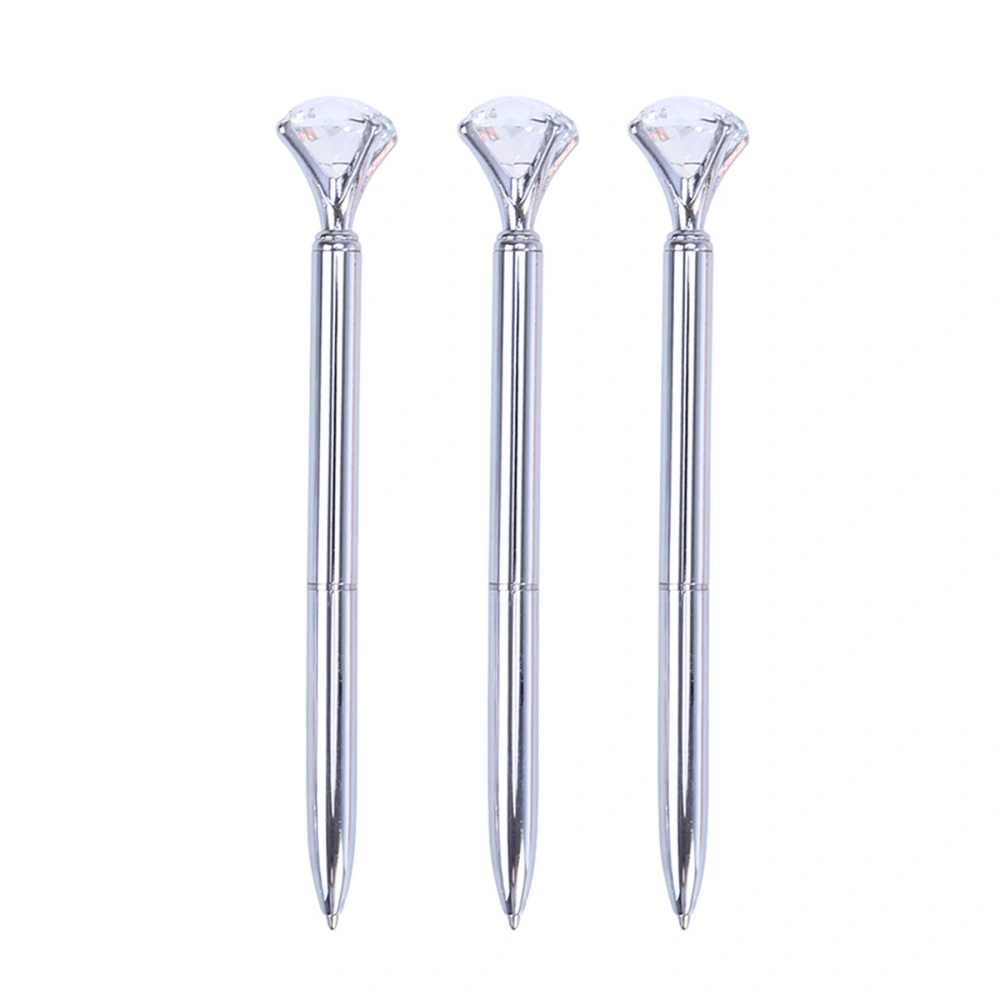 3Pcs Pen with Big Diamond Crystal Metal Ballpoint Pen School Office Supplies (Silver)