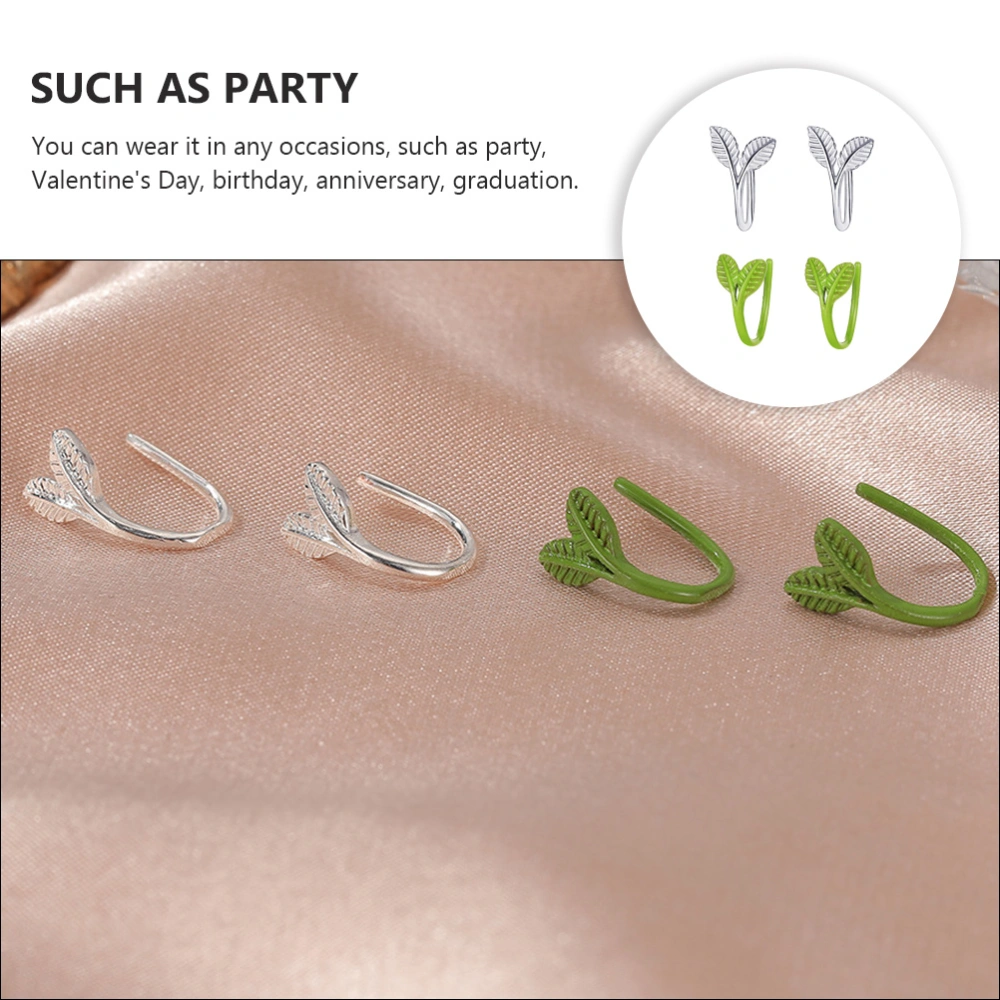 2Pairs Fresh Leaf Shaped Ear Clips Creative Versatile Ear Decor (Silver Green)