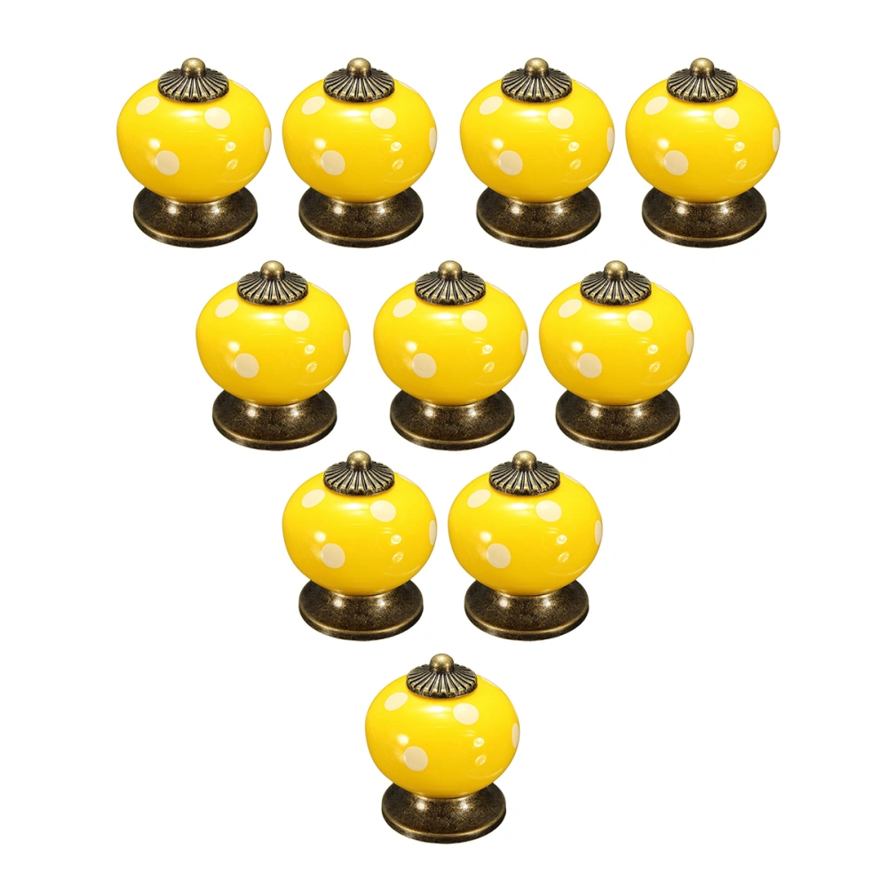 10pcs Polka Dotted Round Ceramic Kitchen Cupboard Cabinet Drawer Door Knobs Pull Handles (Yellow)